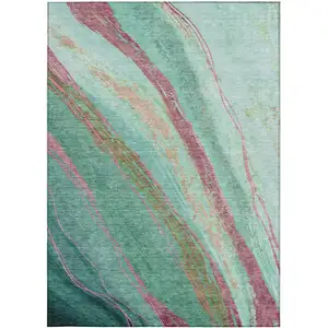 Photo of Green Blush And Peach Abstract Washable Indoor Outdoor Area Rug