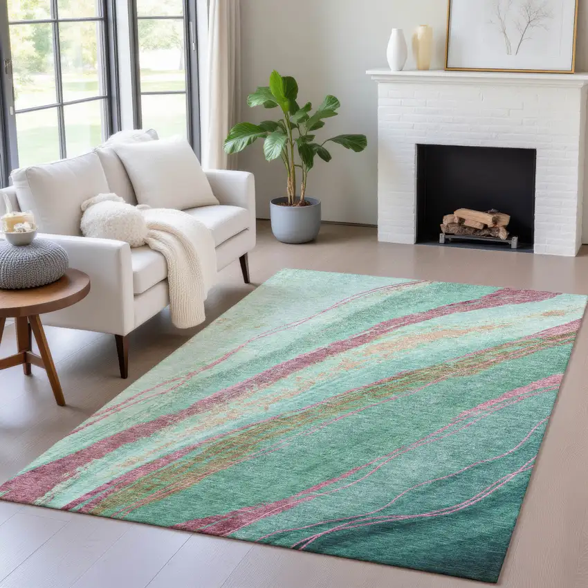 Green Blush And Peach Abstract Washable Indoor Outdoor Area Rug Photo 5