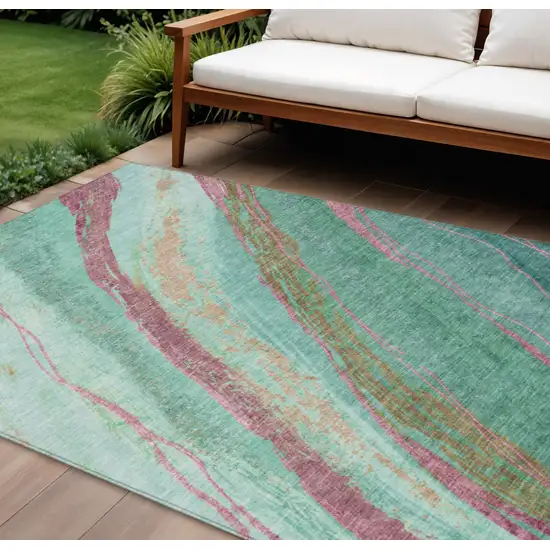 Green Blush And Peach Abstract Washable Indoor Outdoor Area Rug Photo 2