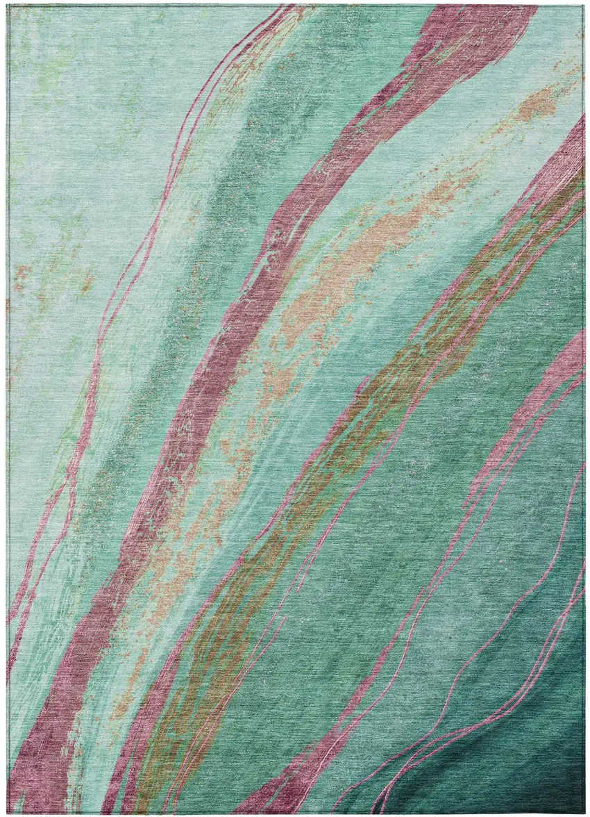 Green Blush And Peach Abstract Washable Indoor Outdoor Area Rug Photo 3