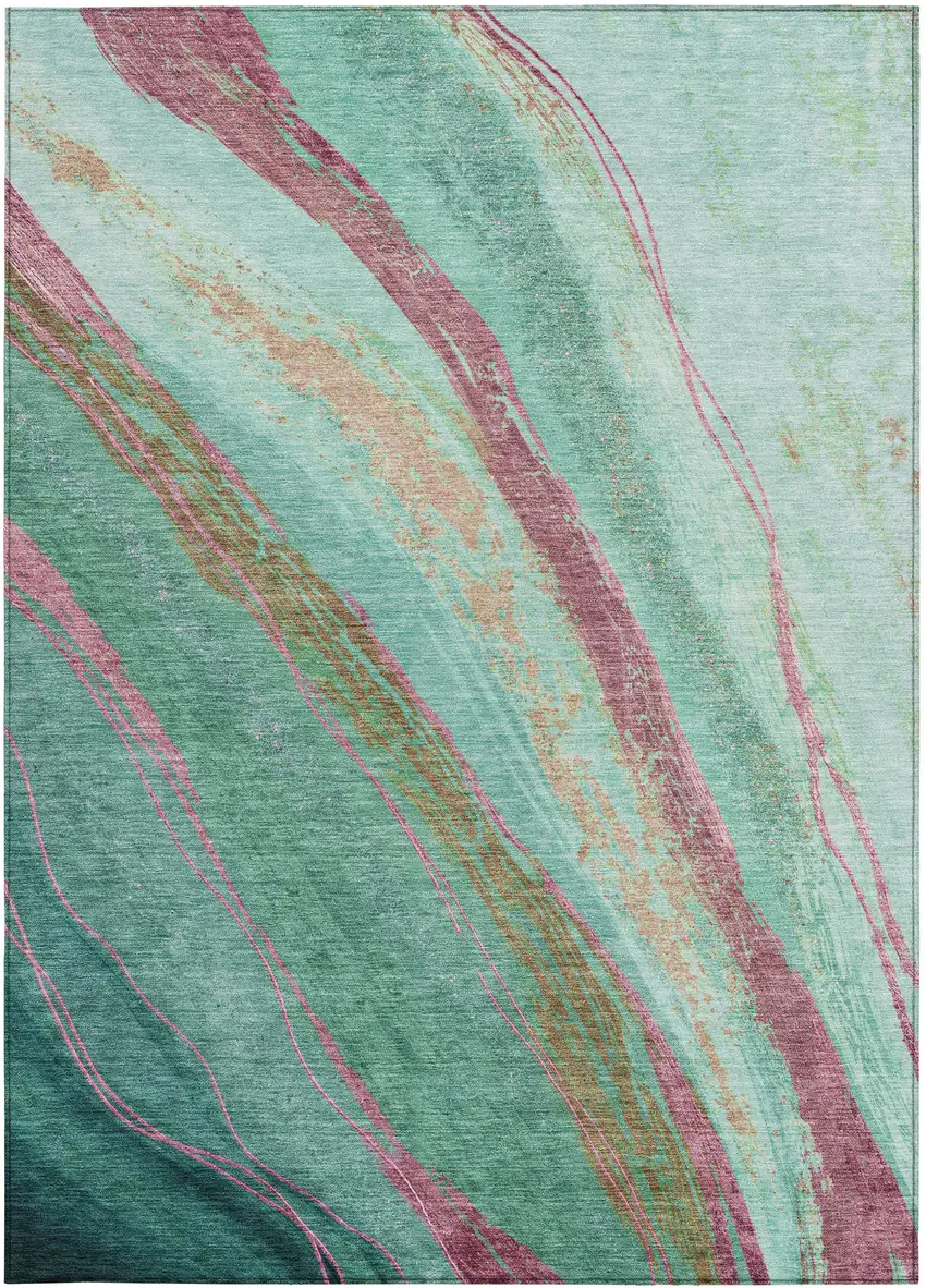 Green Blush And Peach Abstract Washable Indoor Outdoor Area Rug Photo 4