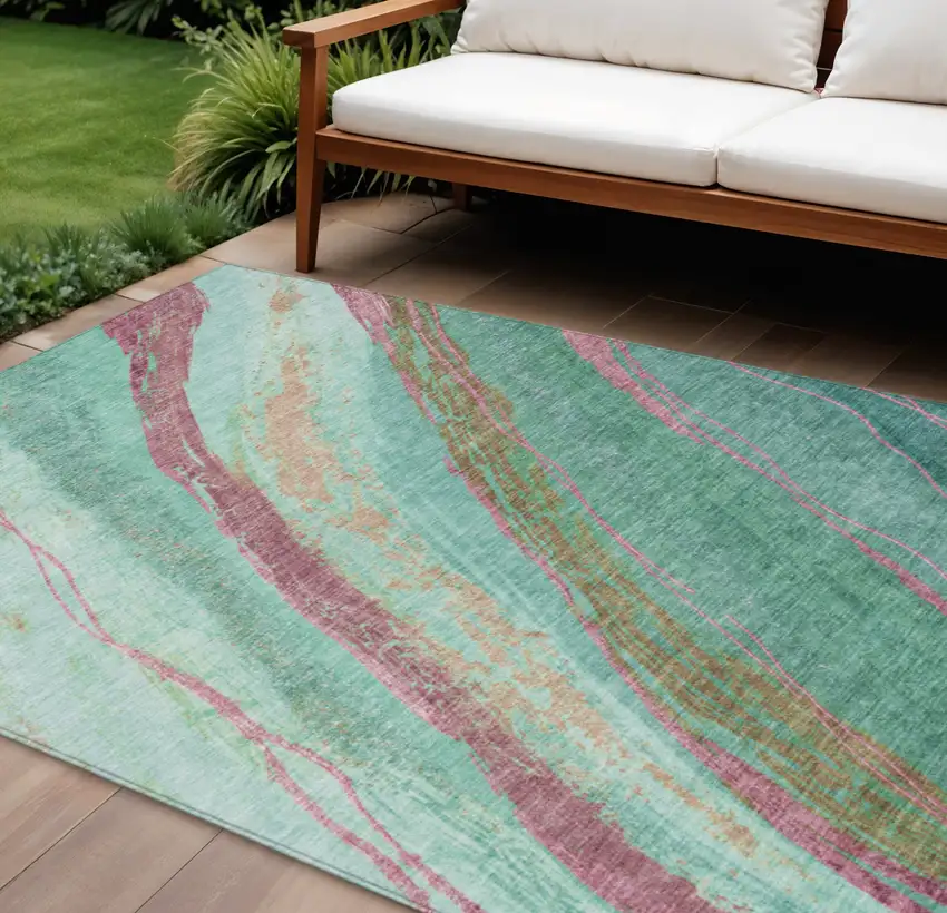 Green Blush And Peach Abstract Washable Indoor Outdoor Area Rug Photo 2
