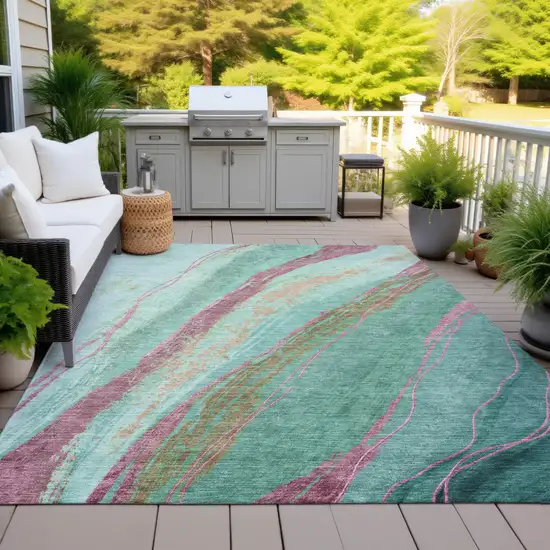 Green Blush And Peach Abstract Washable Indoor Outdoor Area Rug Photo 5