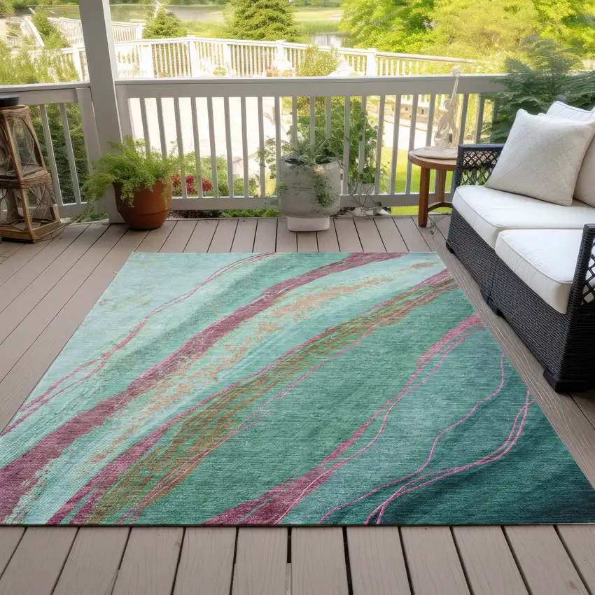 Green Blush And Peach Abstract Washable Indoor Outdoor Area Rug Photo 8
