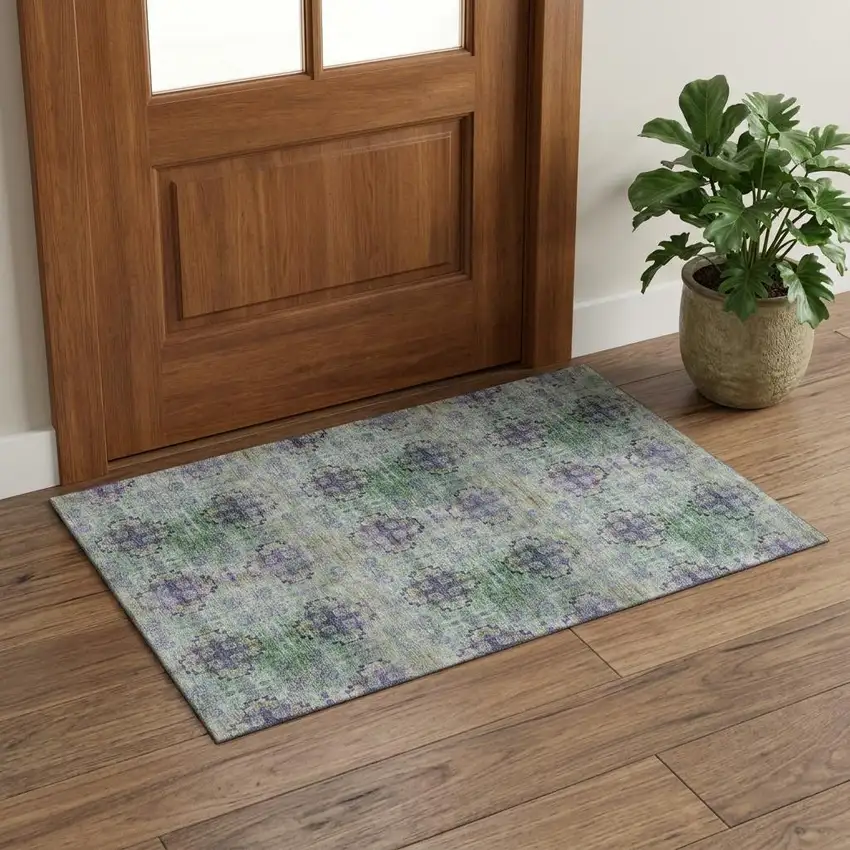 Green Blush And Teal Floral Medallion Distressed Washable Area Rug With UV Protection Photo 1