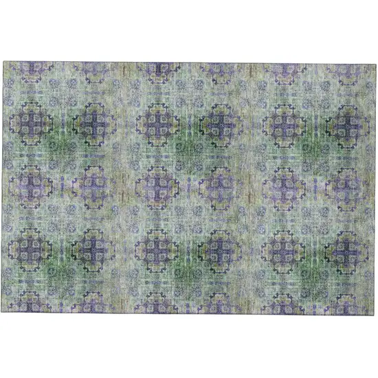 Green Blush And Teal Floral Medallion Distressed Washable Area Rug With UV Protection Photo 2