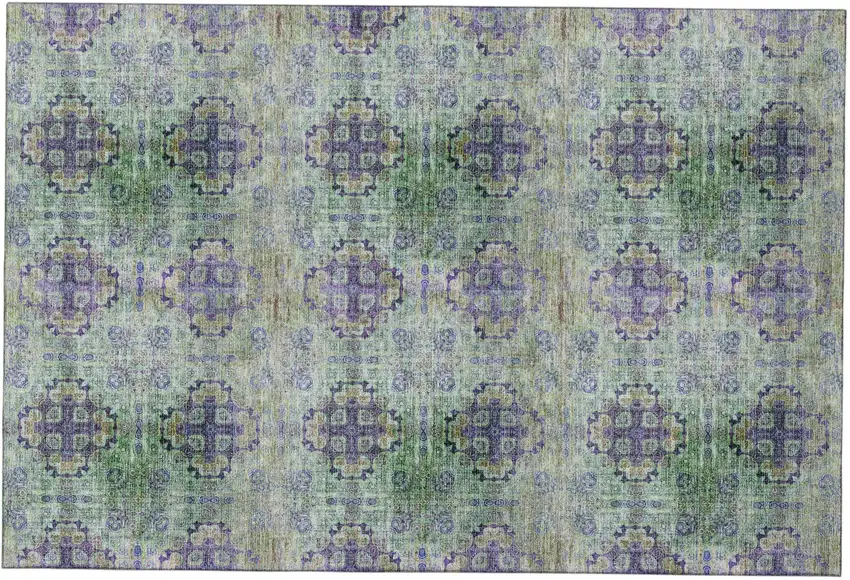Green Blush And Teal Floral Medallion Distressed Washable Area Rug With UV Protection Photo 2