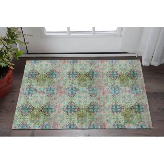 Green Blush And Teal Floral Medallion Washable Area Rug With UV Protection Photo 2