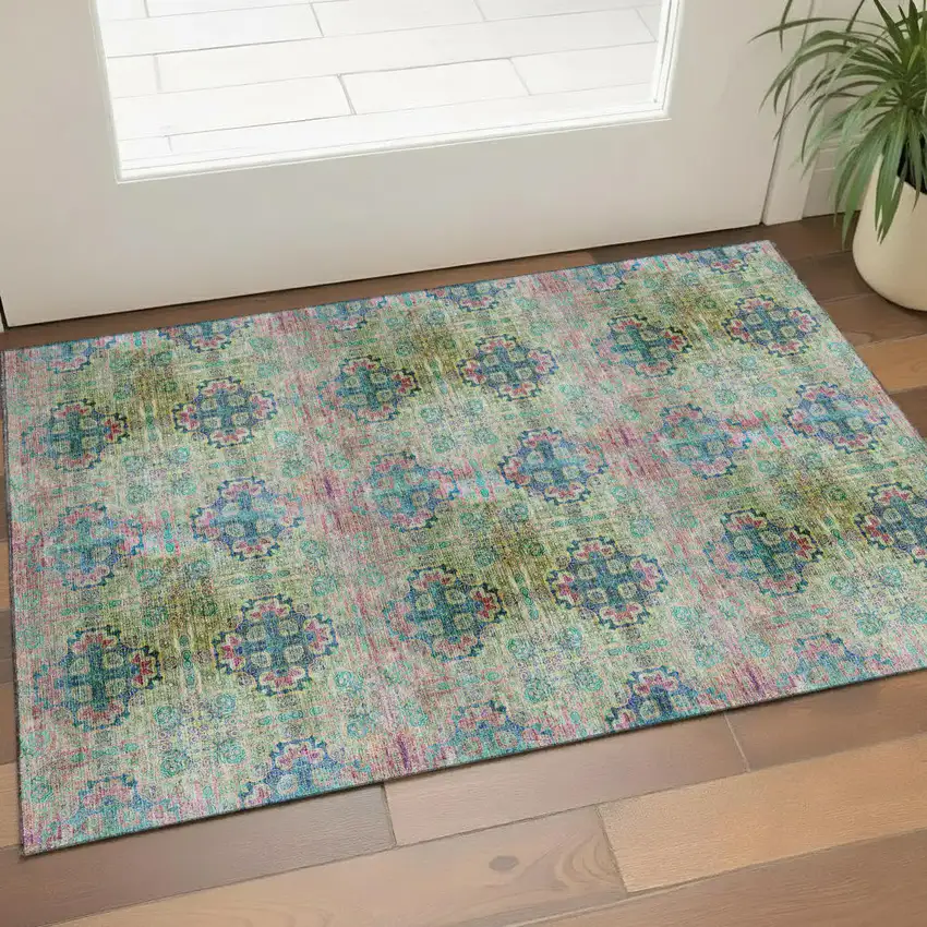 Green Blush And Teal Floral Medallion Washable Area Rug With UV Protection Photo 1