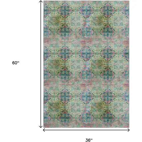Green Blush And Teal Floral Medallion Washable Area Rug With UV Protection Photo 3