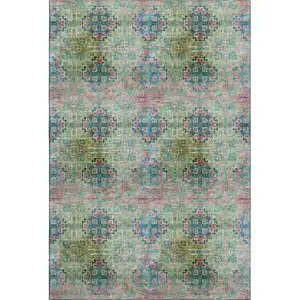 Photo of Green Blush And Teal Floral Medallion Washable Area Rug With UV Protection