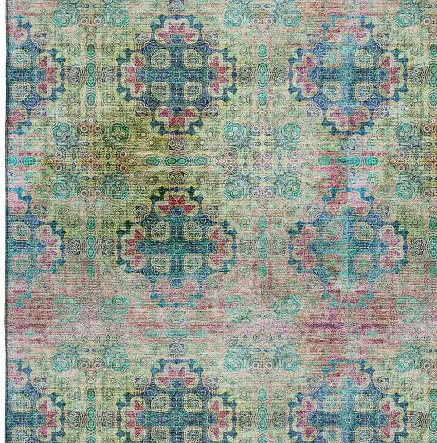 Green Blush And Teal Floral Medallion Washable Area Rug With UV Protection Photo 4