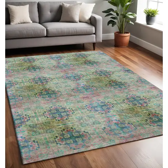 Green Blush And Teal Floral Medallion Washable Area Rug With UV Protection Photo 2