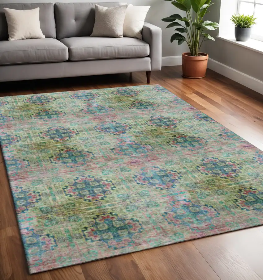 Green Blush And Teal Floral Medallion Washable Area Rug With UV Protection Photo 2