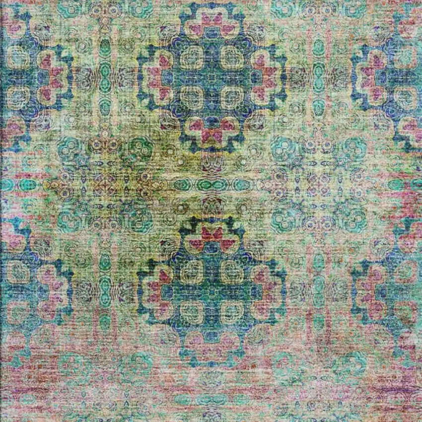 Green Blush And Teal Floral Medallion Washable Area Rug With UV Protection Photo 3
