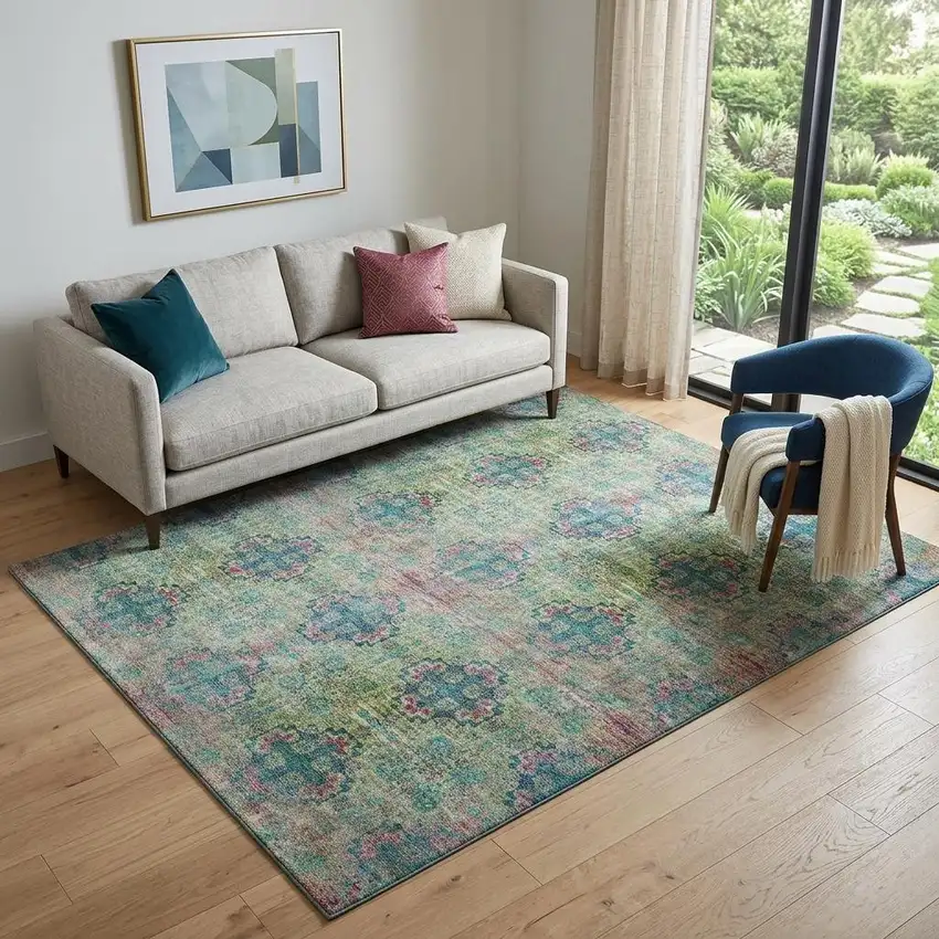 Green Blush And Teal Floral Medallion Distressed Washable Area Rug With UV Protection Photo 1