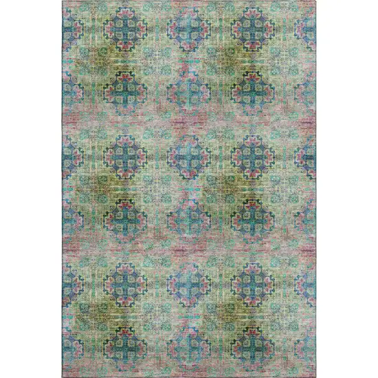 Green Blush And Teal Floral Medallion Washable Area Rug With UV Protection Photo 1