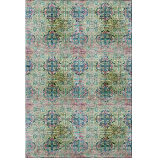Green Blush And Teal Floral Medallion Washable Area Rug With UV Protection Photo 4