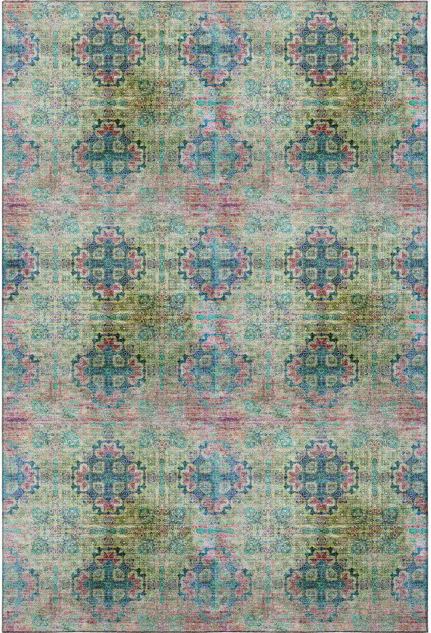 Green Blush And Teal Floral Medallion Washable Area Rug With UV Protection Photo 4