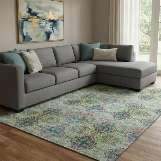 Green Blush And Teal Floral Medallion Washable Area Rug With UV Protection Photo 1