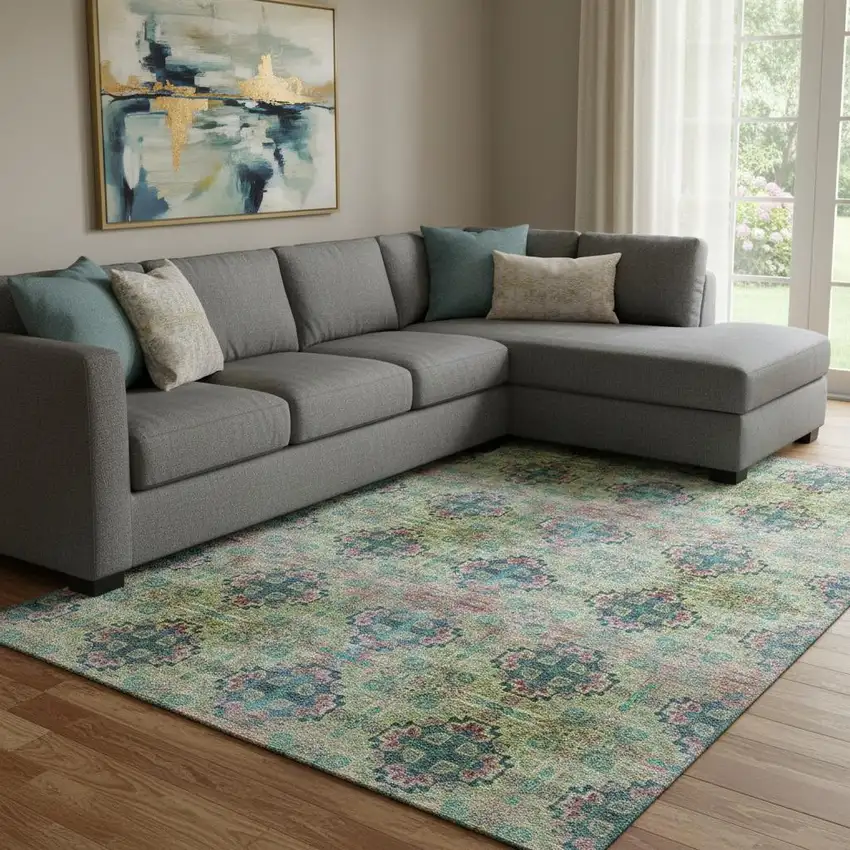 Green Blush And Teal Floral Medallion Washable Area Rug With UV Protection Photo 1