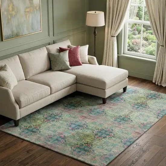 Green Blush And Teal Floral Medallion Distressed Washable Area Rug With UV Protection Photo 1