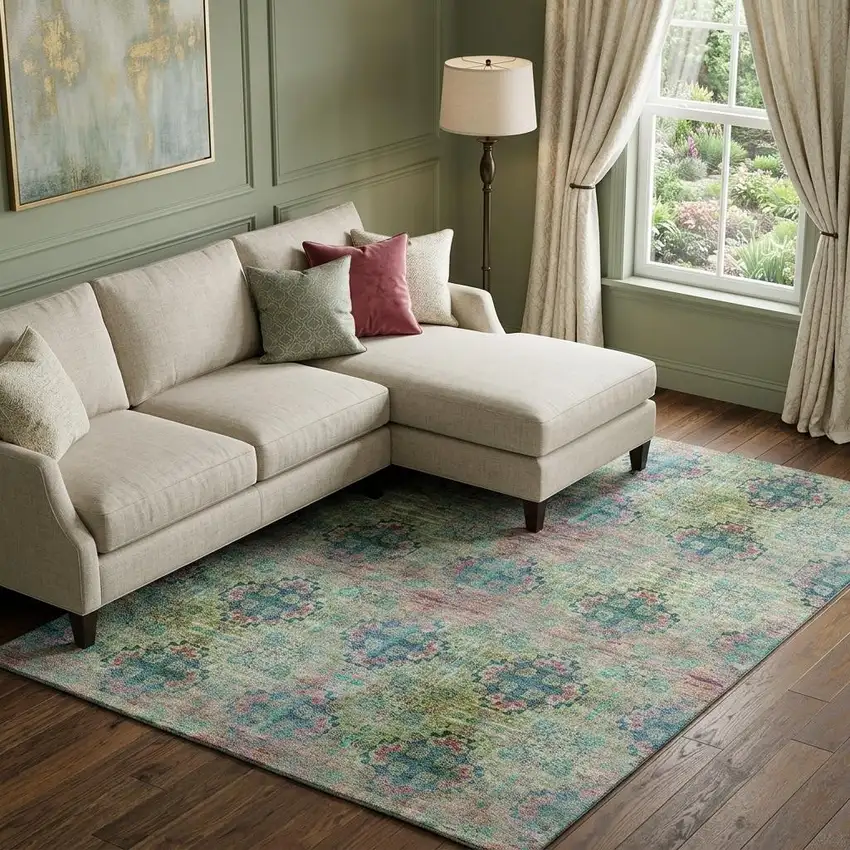 Green Blush And Teal Floral Medallion Distressed Washable Area Rug With UV Protection Photo 1