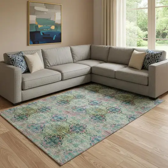 Green Blush And Teal Floral Medallion Washable Area Rug With UV Protection Photo 1