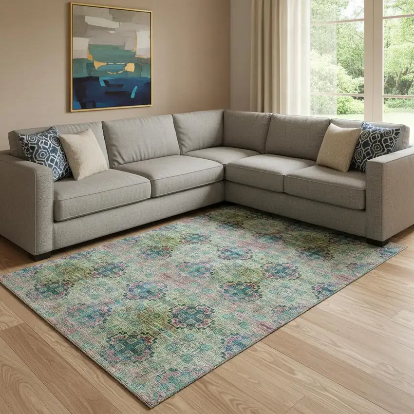 Green Blush And Teal Floral Medallion Washable Area Rug With UV Protection Photo 1