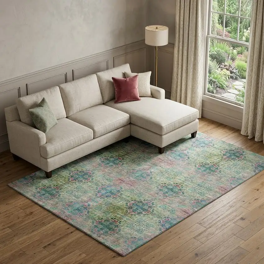 Green Blush And Teal Floral Medallion Distressed Washable Area Rug With UV Protection Photo 1