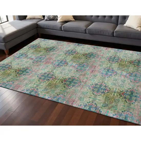 Green Blush And Teal Floral Medallion Washable Area Rug With UV Protection Photo 2