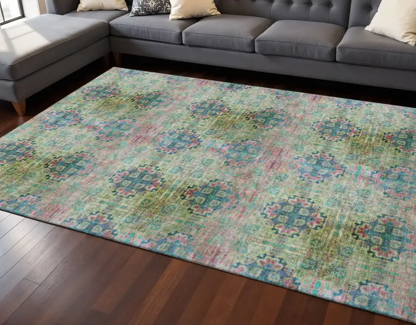 Green Blush And Teal Floral Medallion Washable Area Rug With UV Protection Photo 2