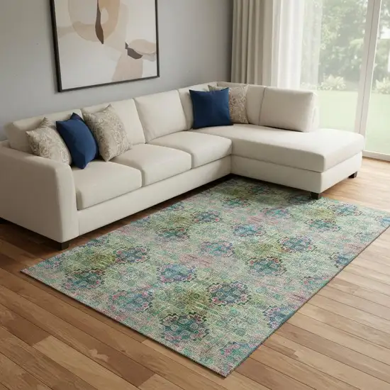 Green Blush And Teal Floral Medallion Washable Area Rug With UV Protection Photo 1