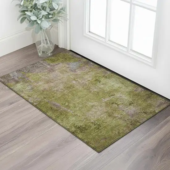 Green Brown And Beige Abstract Washable Area Rug With UV Protection Photo 2