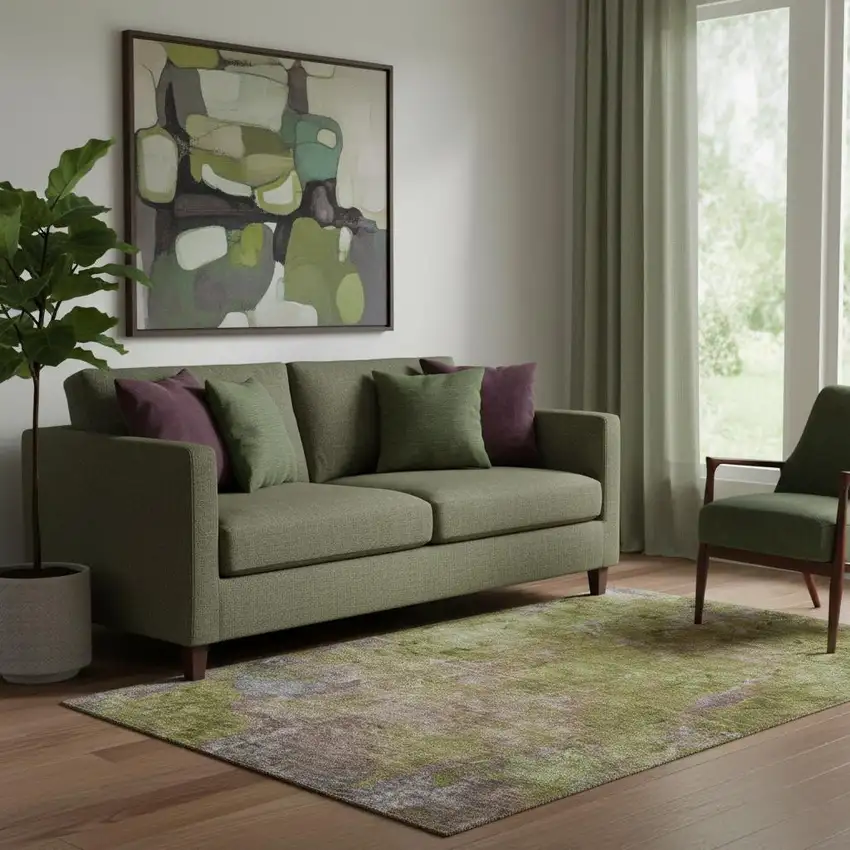 Green Brown And Beige Abstract Washable Area Rug With UV Protection Photo 2