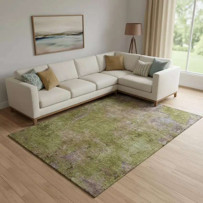 Green Brown And Beige Abstract Washable Area Rug With UV Protection Photo 2