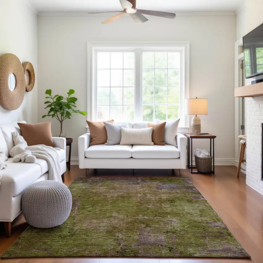 Green Brown And Beige Abstract Washable Area Rug With UV Protection Photo 5