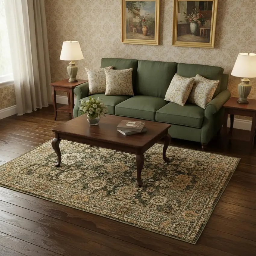Green Brown And Beige Oriental Area Rug Photo 1