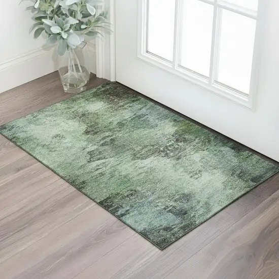Green Brown And Ivory Abstract Washable Area Rug With UV Protection Photo 2