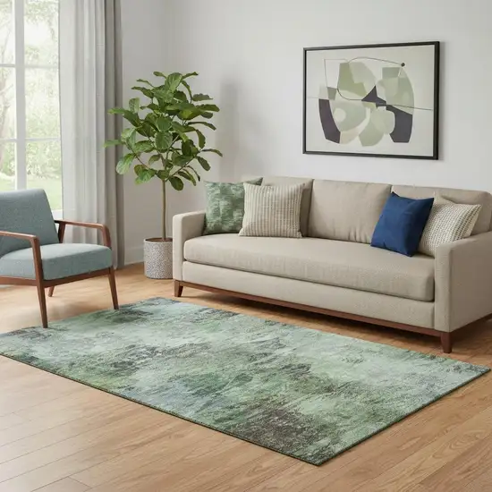 Green Brown And Ivory Abstract Washable Area Rug With UV Protection Photo 1