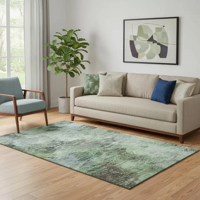 Green Brown And Ivory Abstract Washable Area Rug With UV Protection Photo 1