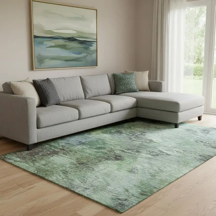Green Brown And Ivory Abstract Washable Area Rug With UV Protection Photo 1