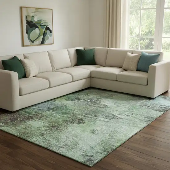 Green Brown And Ivory Abstract Washable Area Rug With UV Protection Photo 1