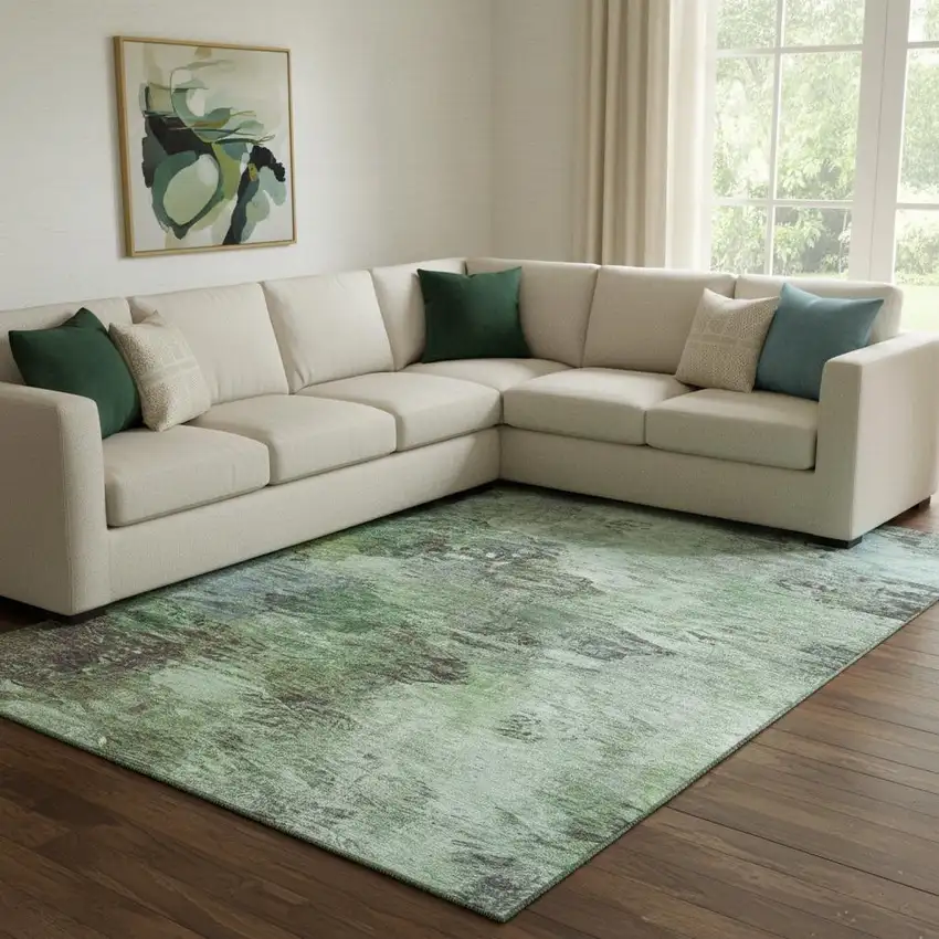 Green Brown And Ivory Abstract Washable Area Rug With UV Protection Photo 1