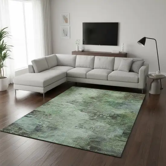 Green Brown And Ivory Abstract Washable Area Rug With UV Protection Photo 2