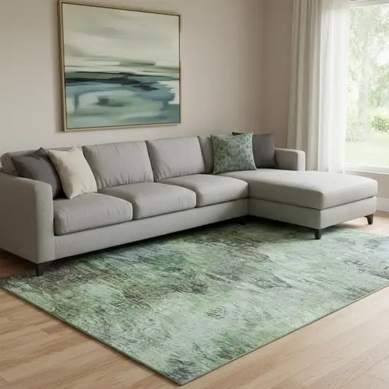 Green Brown And Ivory Abstract Washable Area Rug With UV Protection Photo 1