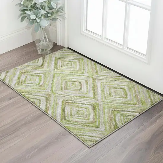 Green Brown And Ivory Geometric Washable Area Rug With UV Protection Photo 2
