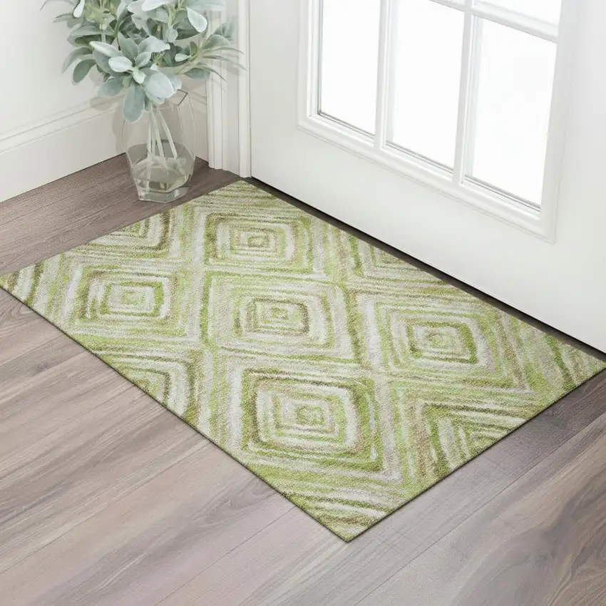 Green Brown And Ivory Geometric Washable Area Rug With UV Protection Photo 1