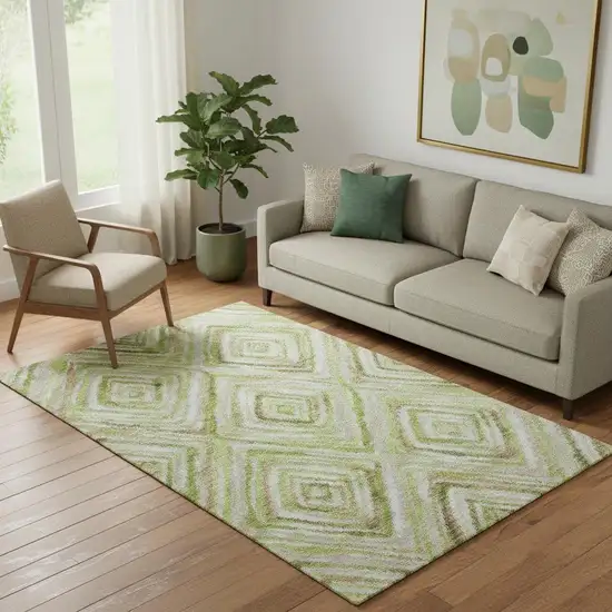 Green Brown And Ivory Geometric Washable Area Rug With UV Protection Photo 1