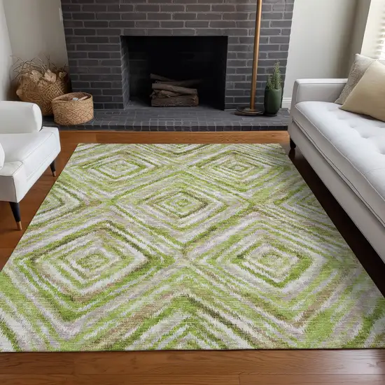 Green Brown And Ivory Geometric Washable Area Rug With UV Protection Photo 5